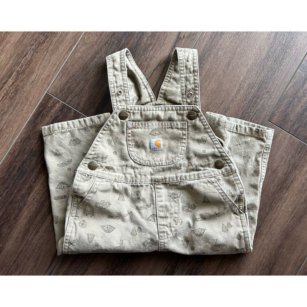 Carhartt Toddler Baby 18 Months Beige Happy Camper Bottom Snap Overalls - Picture 8 of 8
